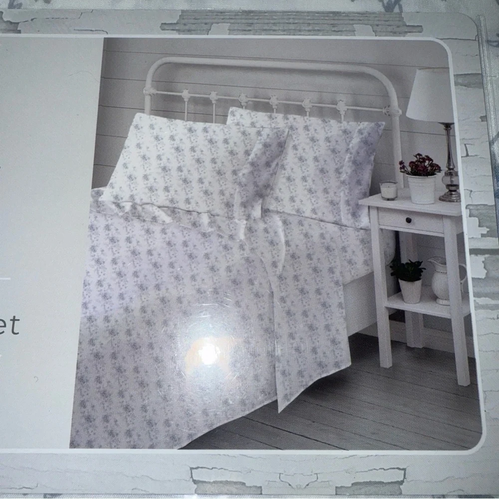 Shabby chic cotton king sheet set roses blue new